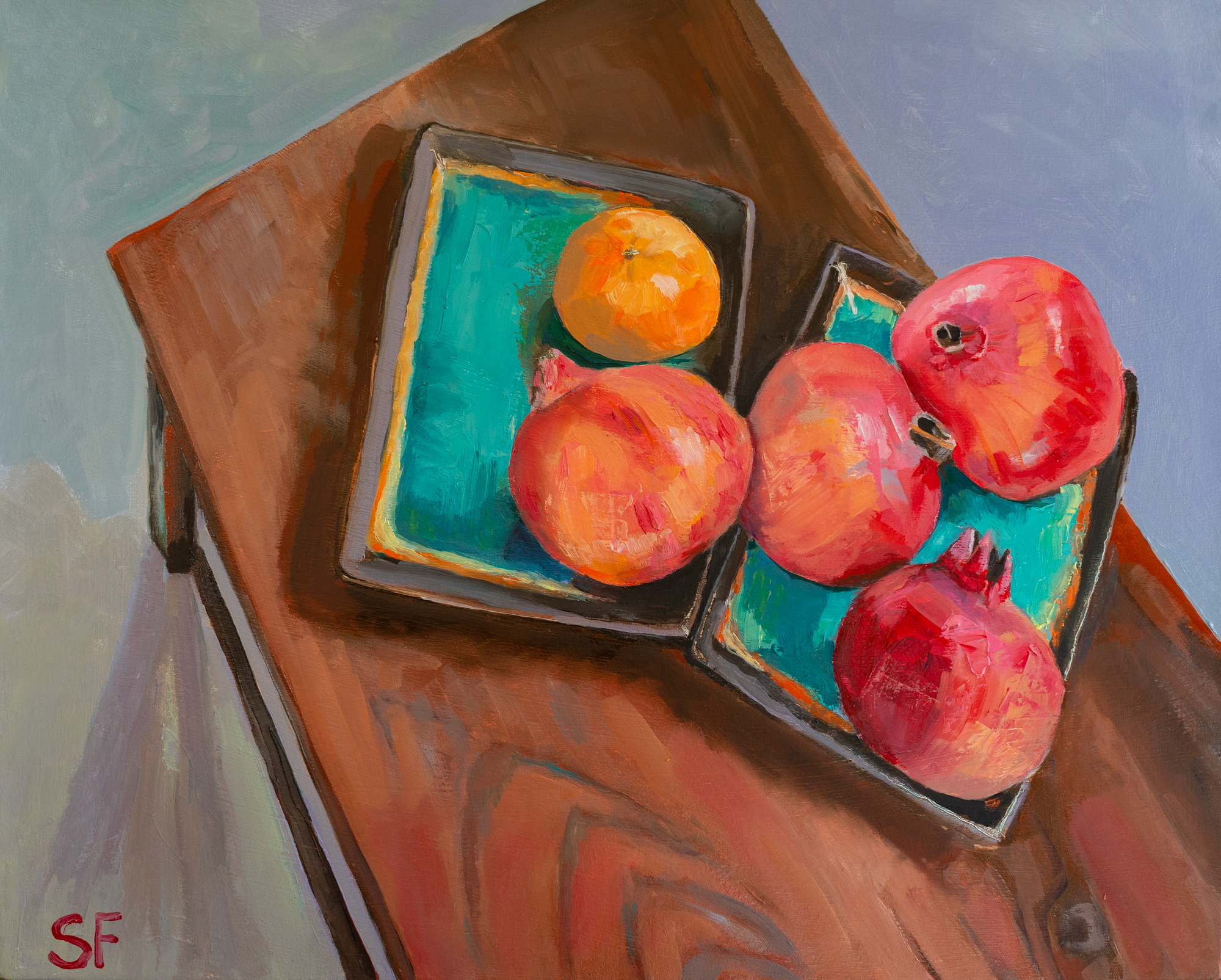 Pomegranates and a clementine painting